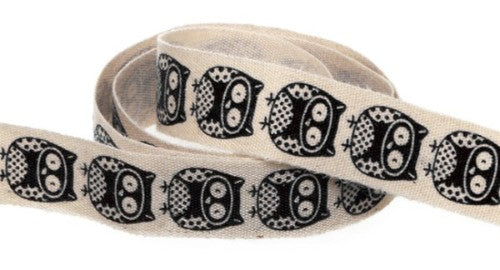 Black Cotton Owl Ribbon, 15mm x 10m, perfect for crafting, gift wrapping, and DIY projects with a charming owl design.