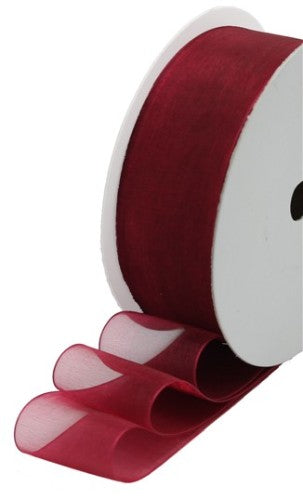 Burgundy organza ribbon, 40mm wide, 50m roll, perfect for crafting, decorations, and elegant gift wrapping.