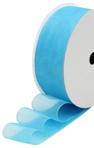 Sky blue organza ribbon, 25mm wide, 50m roll, ideal for wedding decor, gift wrapping, and DIY projects.