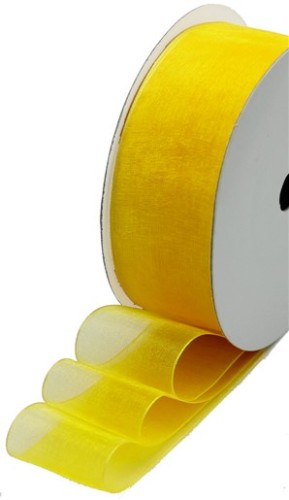 Vibrant strong yellow organza ribbon, 25mm wide, 50m roll, perfect for crafts and event decoration.