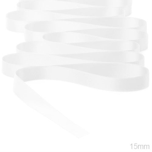 Elegant 15mm double face satin ribbon in white, perfect for gift wrapping and DIY crafts, measuring 25m in length.