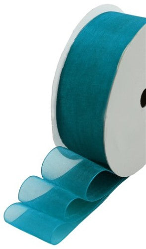 Gorgeous duck blue organza ribbon, 25mm wide, 10m roll, perfect for elegant gift wrapping and crafts.