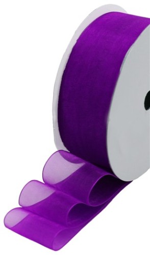 Dark purple 25mm organza ribbon on a roll, perfect for elegant gift wrapping and crafting projects.