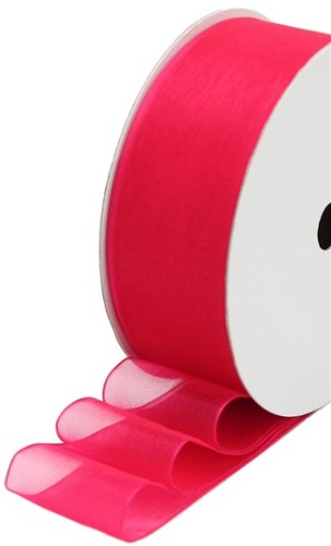 Hot pink organza ribbon, 25mm wide, 10m roll, perfect for elegant gift wrapping and crafting projects.