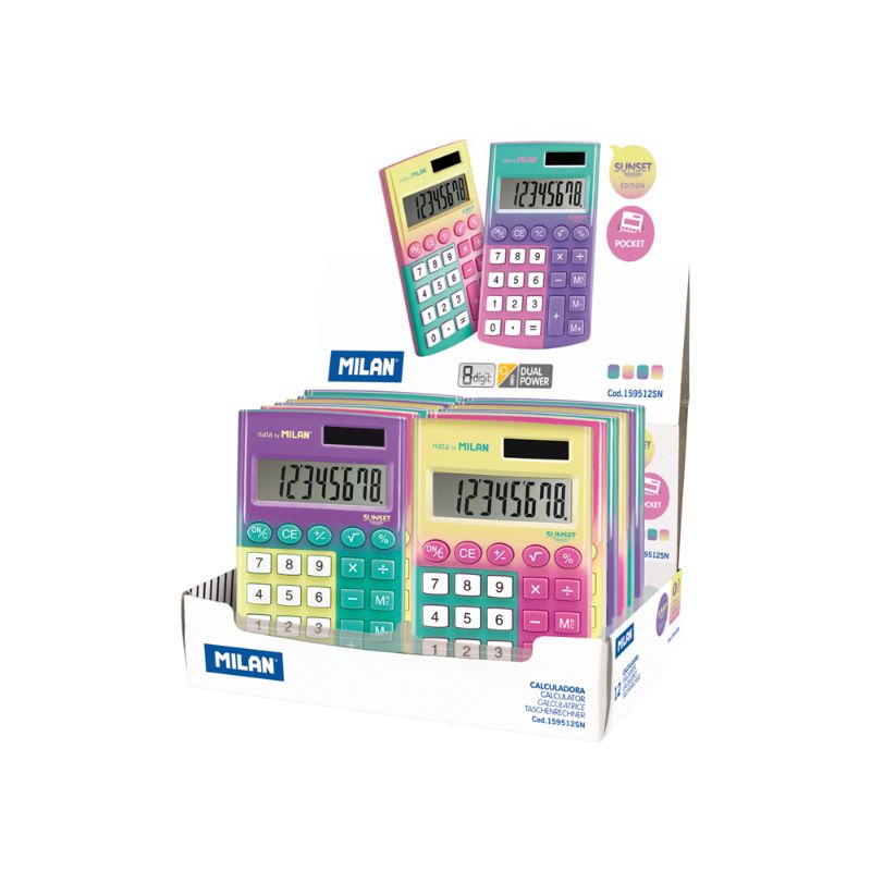 Milan Sunset Pocket Calculator with 8-digit display, soft-touch keys, dual power, and vibrant color options.