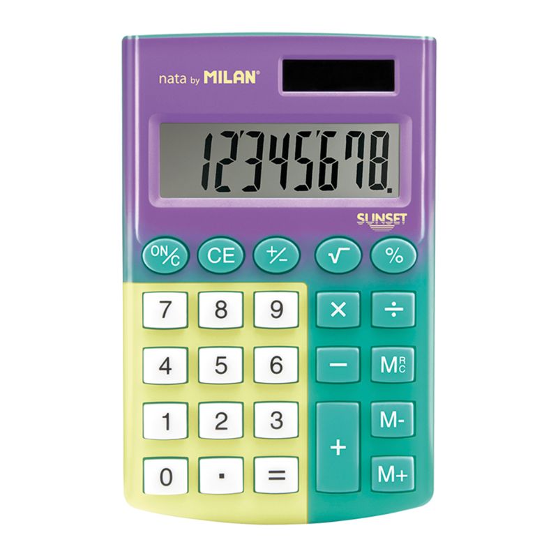 Milan Sunset Pocket Calculator with 8-digit display, soft-touch keys, and dual power in vibrant colors.