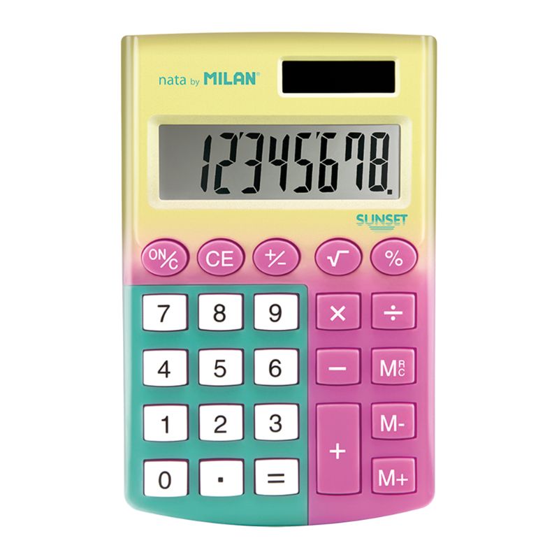 Milan Sunset Pocket Calculator with 8-digit display, soft-touch keys, in vibrant colors, dual-powered for convenience.