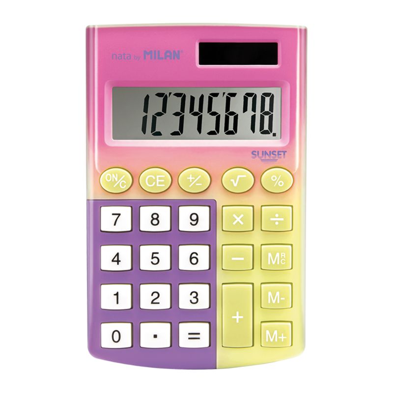 Milan Sunset pocket calculator with 8-digit display, soft-touch keys, dual power, and vibrant colors: yellow, violet, pink, turquoise.