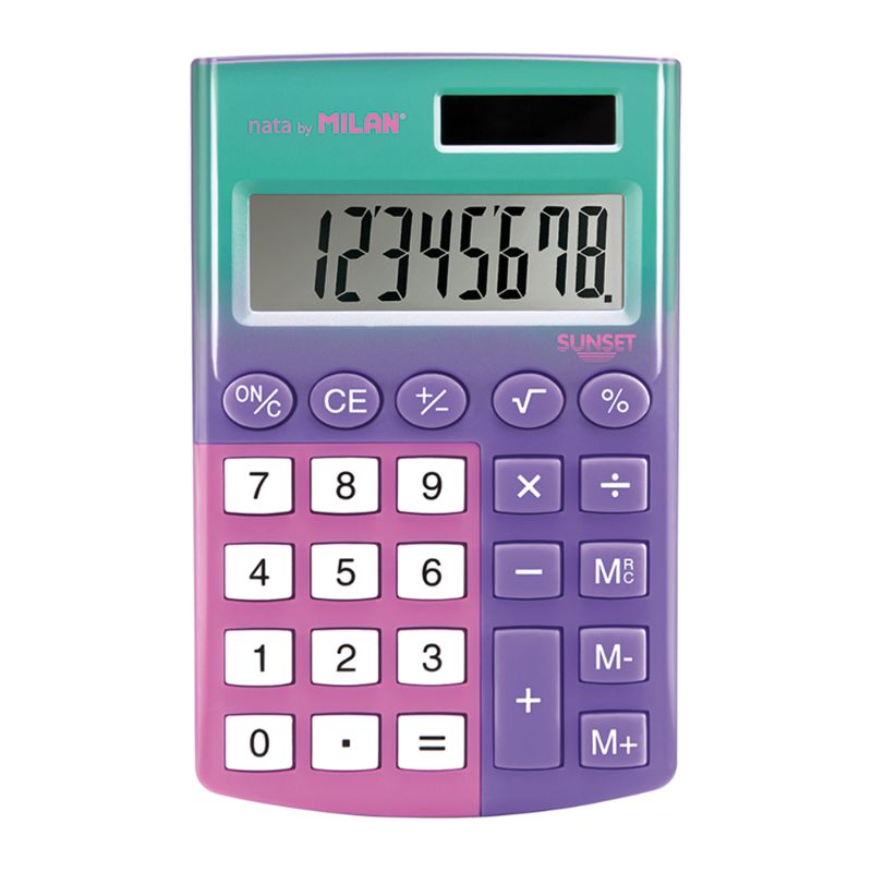 Milan Sunset Pocket Calculator with 8-digit display, soft-touch keys, solar power, 4 vibrant colors, and memory functions.