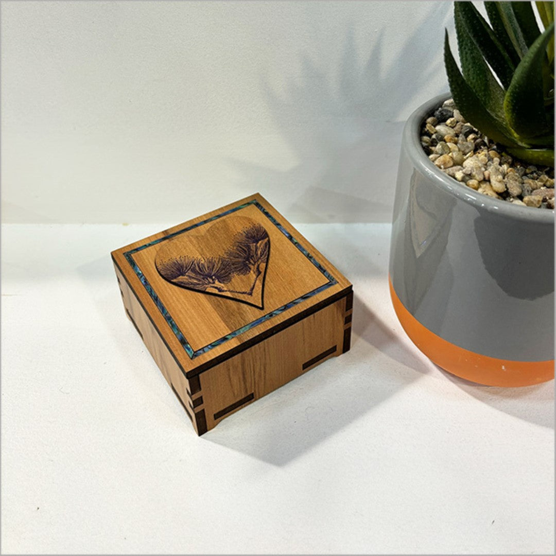 Small square trinket box with paua inlay, heart design, perfect for jewelry and keepsakes, made from NZ veneer.