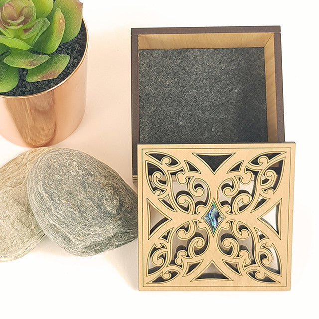 Elegant small square trinket box with paua inlay, crafted from NZ veneer, perfect for jewelry and keepsakes.