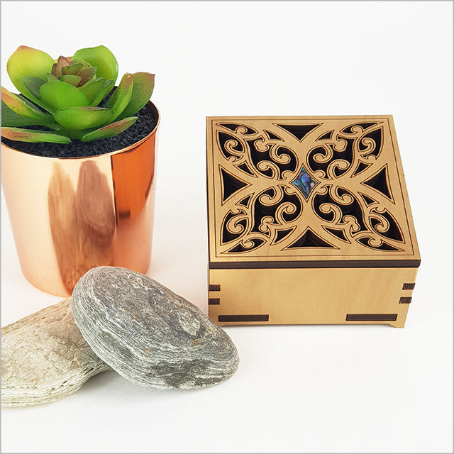 Elegant small square trinket box with paua inlay, crafted from NZ veneer for jewelry and keepsakes storage.