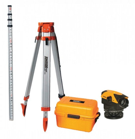 JOHNSON Auto Level with 26X magnification, water-resistant design, and precise leveling for outdoor projects.