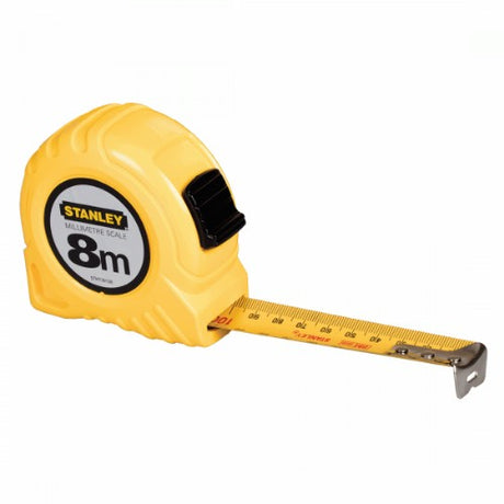 STANLEY Tape Measure 8m x 25mm featuring a durable, visible blade, thumb lock, and accurate end hook for precise measurements.