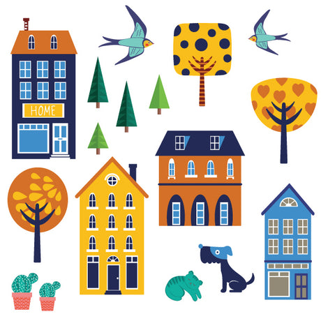 Charming Town House Decal Set in eco-friendly fabric, perfect for versatile home decor and easy application.