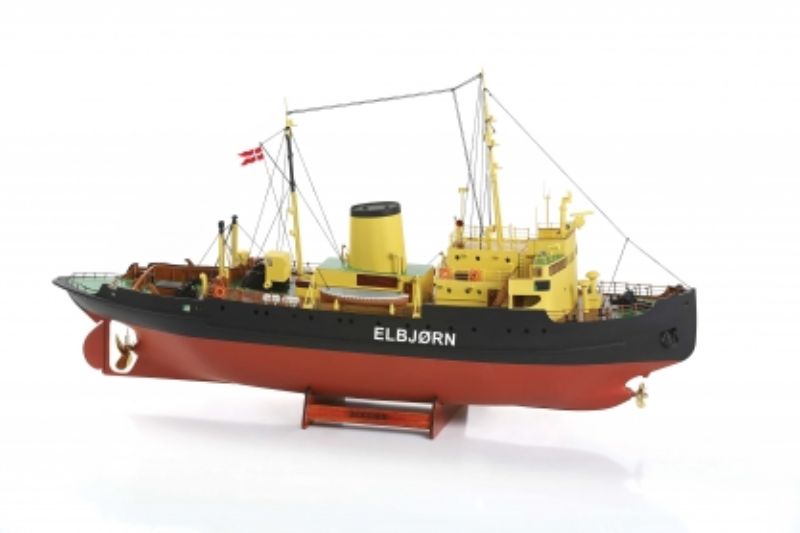 Unassembled wooden model kit of the cRCC 1/75 Elbjorn Icebreaker, showing intricate design and historical detail.