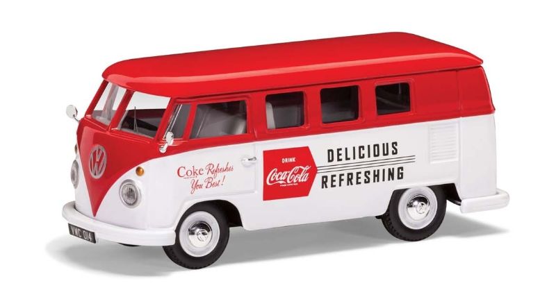 Corgi 1/43 diecast VW Camper in vibrant Coca-Cola livery, celebrating 1960s automotive nostalgia and charm.