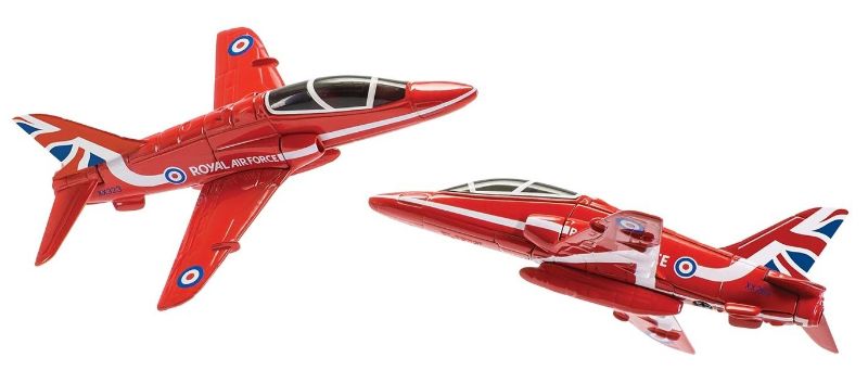 Diecast twin pack of RAF Red Arrows models, showcasing intricate details and vibrant paint, perfect for collectors.
