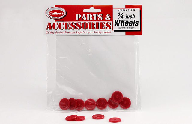 Set of 8 durable 3/4" plastic wheels designed for balsa model kits, offering smooth rolling and robust support.