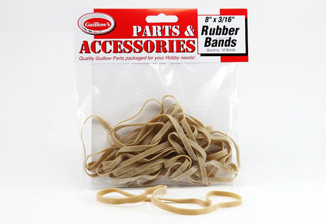 Ten durable 8-inch rubber bands for securely attaching components in balsa model kits and gliders.