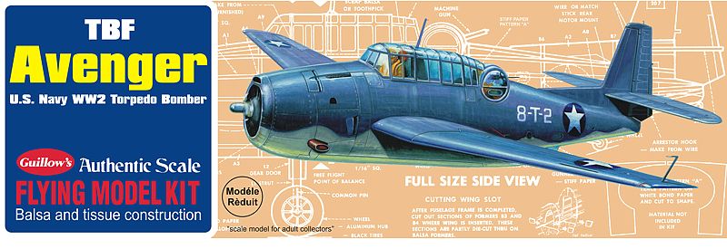 Unassembled balsa model kit of the TBF Avenger with a 16-inch wingspan, celebrating WWII naval aviation history.