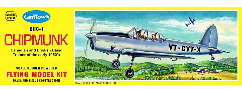 Unassembled balsa model kit of the De Havilland Chipmunk with a 17-inch wingspan, ideal for aviation enthusiasts.