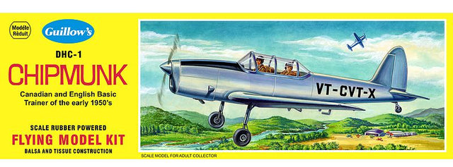 Unassembled balsa model kit of the De Havilland Chipmunk with a 17-inch wingspan, ideal for aviation enthusiasts.