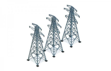 Three 207mm plastic power pylons for 1/76 scale model trains, enhancing realism in your railway layout.