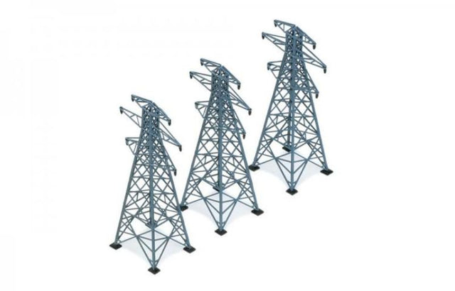 Three 207mm plastic power pylons for 1/76 scale model trains, enhancing realism in your railway layout.