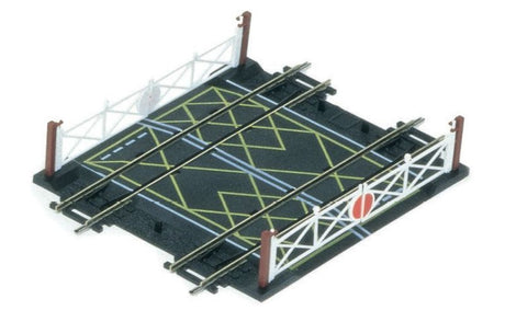 Hornby Level Crossing Double Track model, 168mm long, features molded track and includes classic gates and modern barriers.