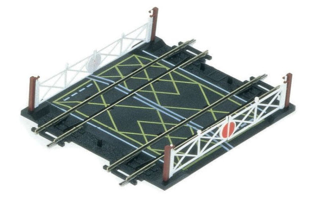 Hornby Level Crossing Double Track model, 168mm long, features molded track and includes classic gates and modern barriers.