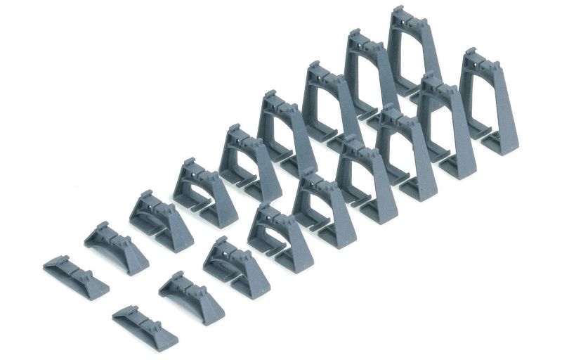 Hornby Track Supports set with piers for elevating model railway tracks, featuring secure clip design and 80mm height options.