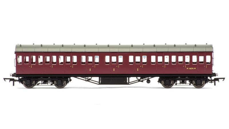 Hornby BR Non-corr. 57' Crimson Coach, 1:76 scale model for enhancing train layouts with rich history and vibrant color.