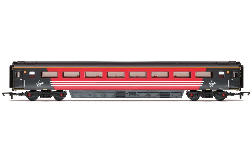 Hornby Virgin Mk.3 Trailer Standard Open model 12087, 1/76 scale, accurately reflects modern rail travel features.