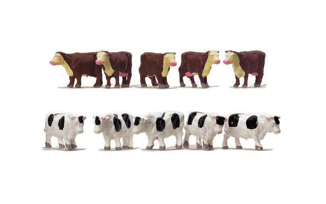 Set of 10 detailed model cows in 1/76 scale, perfect for enhancing miniature train layouts and rural scenes.