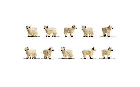A pack of 10 detailed 1/76 scale sheep figurines for enhancing model railway scenes.