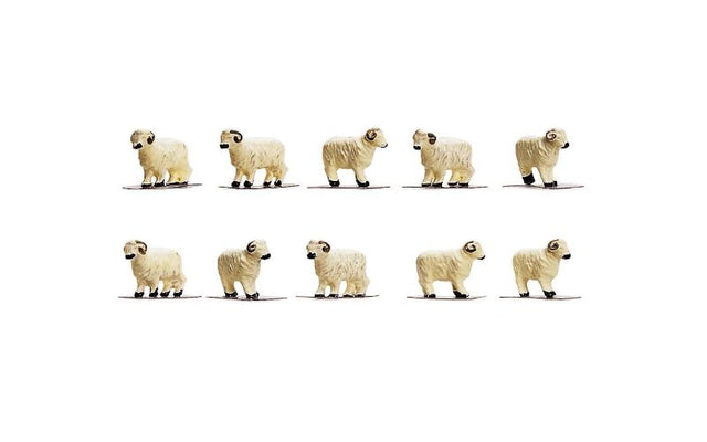 A pack of 10 detailed 1/76 scale sheep figurines for enhancing model railway scenes.