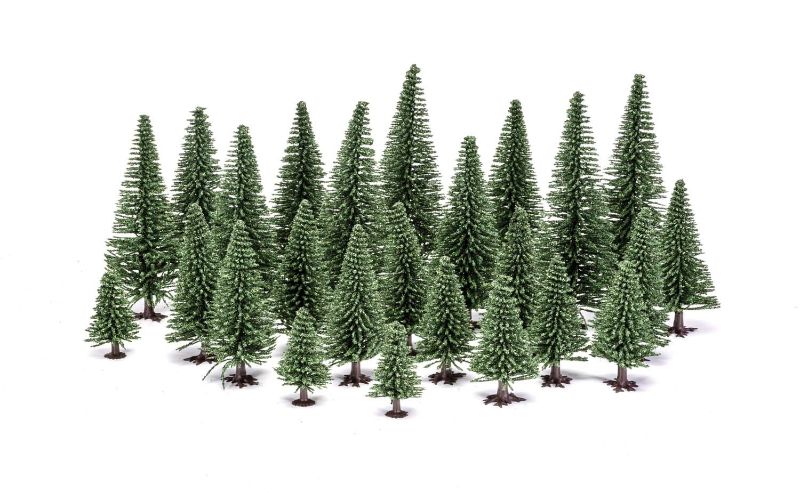Set of 20 vibrant fir trees (5-14 cm) for enhancing model railway landscapes and dioramas.