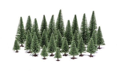 Set of 20 vibrant fir trees (5-14 cm) for enhancing model railway landscapes and dioramas.
