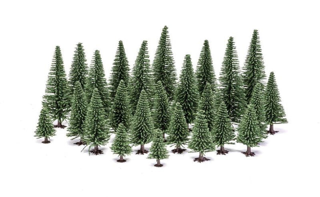 Set of 20 vibrant fir trees (5-14 cm) for enhancing model railway landscapes and dioramas.