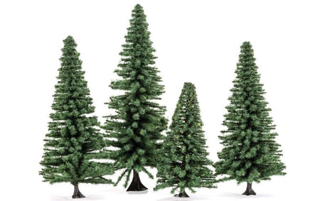 Set of four realistic Large Fir Trees, 10-12cm tall, perfect for enhancing model train layouts and dioramas.