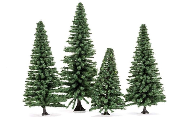 Set of four realistic Large Fir Trees, 10-12cm tall, perfect for enhancing model train layouts and dioramas.