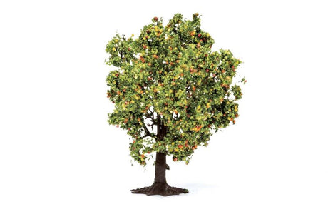 Hornby Apple Tree model in 1:76 scale with lush green leaves and red apples, ideal for enriching railway scenery.