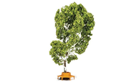 Detailed model scenery featuring a lush tree with a circular bench, perfect for enhancing 1/76 scale train layouts.