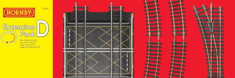 Hornby Track Extension Pack D includes curve tracks, a point, buffer stop, and crossing for enhancing model train layouts.