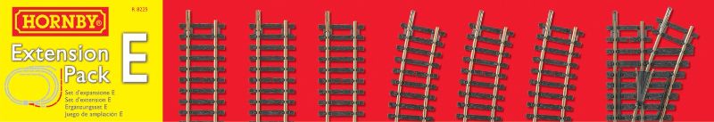 Hornby Track Extension Pack E includes straight, curve tracks, a point, and buffer stop for expanding model train layouts.