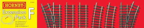 Hornby Track Extension Pack F for model railways, includes straight tracks, curves, points, and a buffer stop to expand layouts.