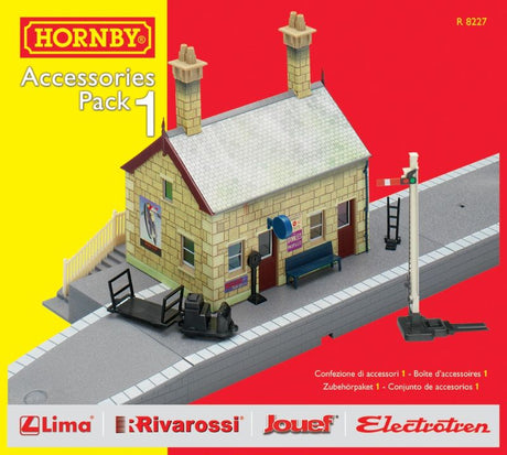 Hornby TrackMat Access 1 kit featuring two straight platforms, two ramps, and a signal for enhancing model railway layouts.
