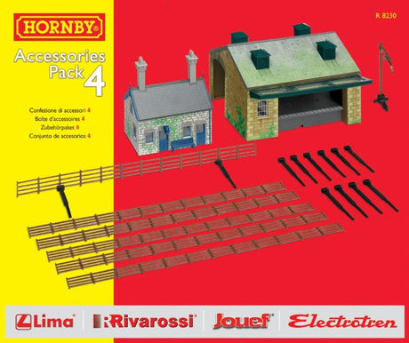 Hornby TrackMat Access 4 pack includes Railway Cottage, Goods Shed, and Trackside Fencing for model train scenery enhancement.