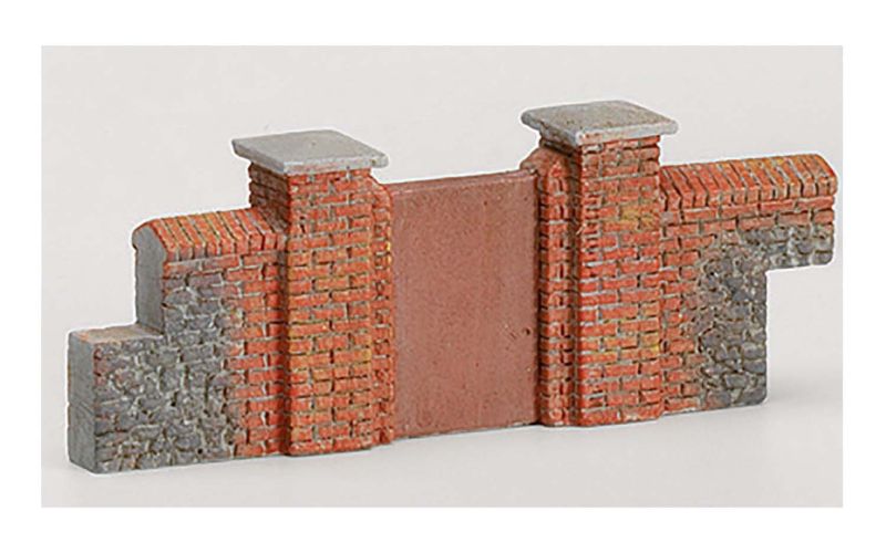 Realistic 1/76 scale brick walling gates and piers for enhancing model railway landscapes with intricate detailing.